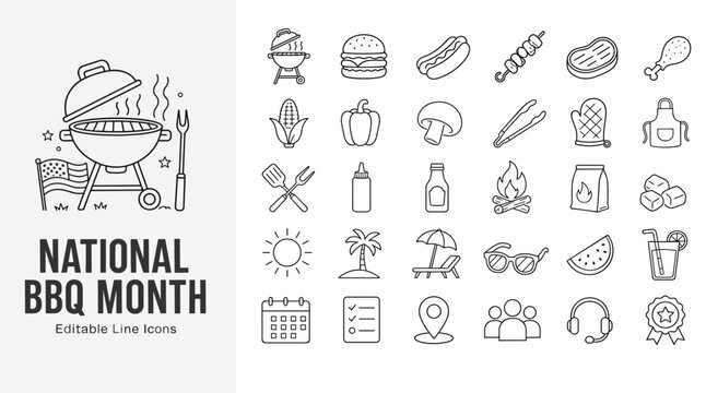 Editable line icons for National BBQ Month featuring diverse summer food, leisure, and event elements. Perfect for web, app, menu, and promotional designs.
