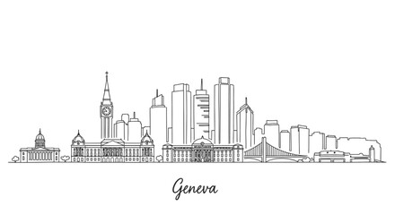 Obraz premium Stylized minimalist black and white line drawing of Geneva city skyline showcasing historic landmarks and modern skyscrapers