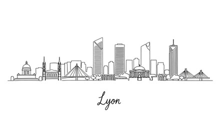 Fototapeta premium Minimalist Line Art Illustration of the Lyon City Skyline Featuring Prominent Architectural Landmarks and Urban Elements for