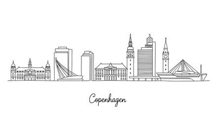 Fototapeta premium Minimalistic line art illustration of Copenhagen skyline featuring iconic landmarks and modern architecture
