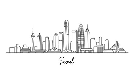 Fototapeta premium Minimalist black-and-white line illustration of Seoul's iconic skyline showcasing modern skyscrapers and landmarks capturing the