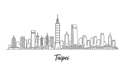Naklejka premium Minimalist Line Art Illustration of Taipei Skyline Featuring Iconic Skyscrapers and Landmarks Displayed in a Clean and Simple