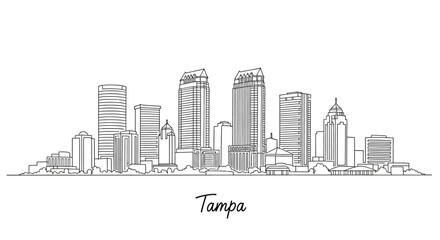 Naklejka premium Minimalist Line Art of Tampa City Skyline Featuring Tall Skyscrapers and Urban Landscape