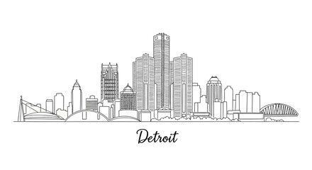 Fototapeta premium Minimalist Line Drawing Illustration of the Downtown Detroit Skyline Highlighting Tall Skyscrapers and City Landmarks in a