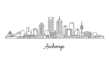 Obraz premium Minimalist Line Drawing of Anchorage Skyline Featuring Iconic Downtown Architecture and Coastal Landmarks