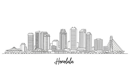 Obraz premium Minimalist line art illustration of Honolulu city skyline showcasing high-rise buildings and iconic structures reflecting urban