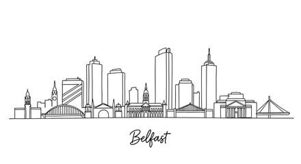 Fototapeta premium Minimalistic Black and White Line Illustration Depicting Belfast City Skyline Featuring Iconic Landmarks and Urban Structures