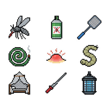 Vibrant pixel art vector icons showcasing a diverse range of pest control solutions and insect repellents, from mosquito coils to electric bug zappers and spray cans