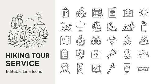 A comprehensive vector collection for hiking and travel services, featuring a hiker on a trail and various detailed line icons for tourism, adventure, and outdoor activities.