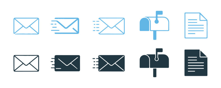 Mailing icon set including flying envelope mailbox and document symbols in blue and black colors.