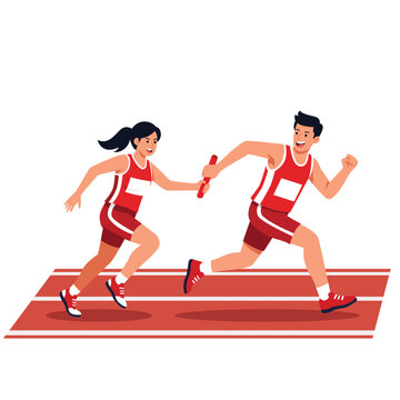 A male and female athlete in a relay race passing a baton on a running track, depicted with a clean, graphic style against a white background