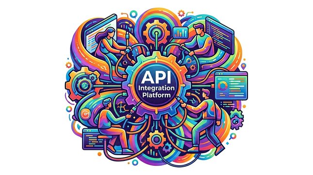 API Integration Platform: Software developers connecting applications in digital workspace
