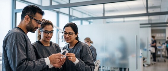 Obraz premium Dentists examining clear dental aligner in modern orthodontics clinic as a diverse team of male and female dental professionals in scrubs discuss advanced treatment technology and healthcare options.