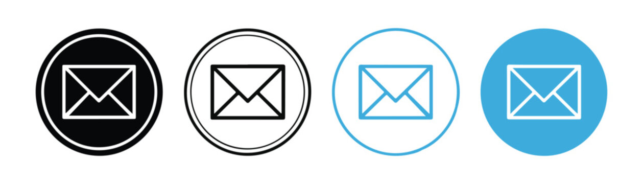 Four variations of email envelope icon in circles with black and blue outlines and fills.
