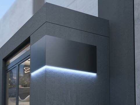 Blank signage mockup installed on a modern dark concrete building exterior with glowing led lights for branding and advertising purposes
