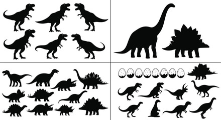 Collection of Dinosaur Silhouettes Featuring T‑Rex, Stegosaurus, Triceratops, Sauropods, and Eggs for Prehistoric Design Projects © MdShahinnur