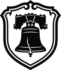 Decorative shield frame containing classic liberty bell icon vector graphic. © Design_Elements