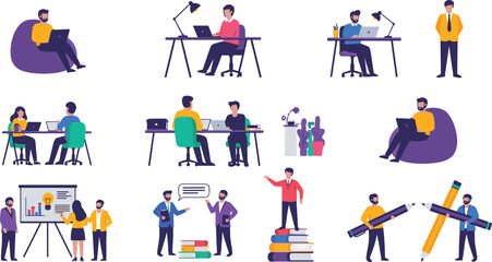Fototapeta premium Modern Office and Remote Work Vector Illustrations Showing People Collaborating, Studying, and Working on Laptops and Projects