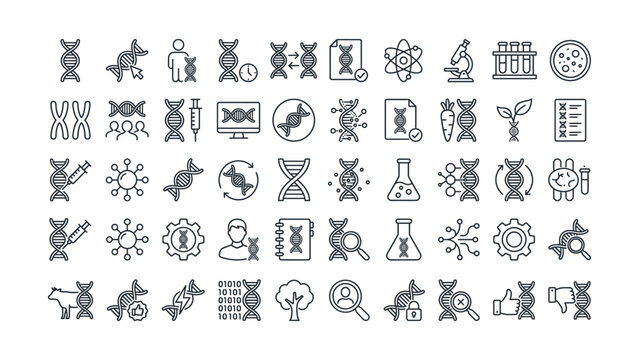 Genetic engineering and biotechnology icons set including DNA sequences and laboratory equipment  scientific research and technology symbols