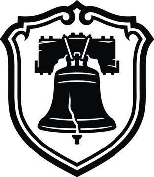 Decorative shield frame containing classic liberty bell icon vector graphic.
