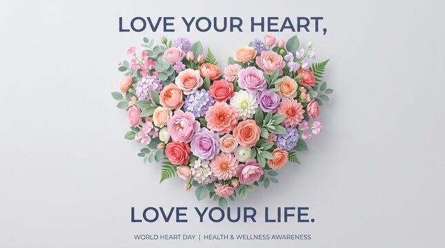 World Heart Day Floral Poster with Flower Shape Heart, Healthcare Awareness Concept with Motivational Quote Love Your Heart Love Your Life on Clean Minimal Background Design