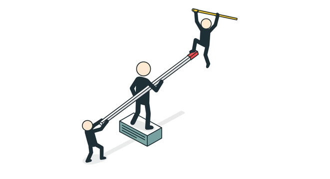 Balanced teamwork concept with lever and characters working together.