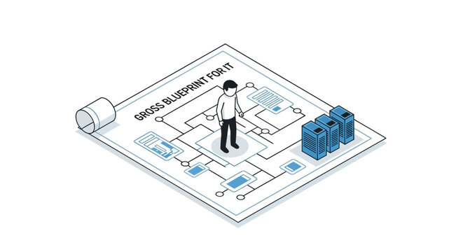 Businessman standing on detailed server room blueprint layout.