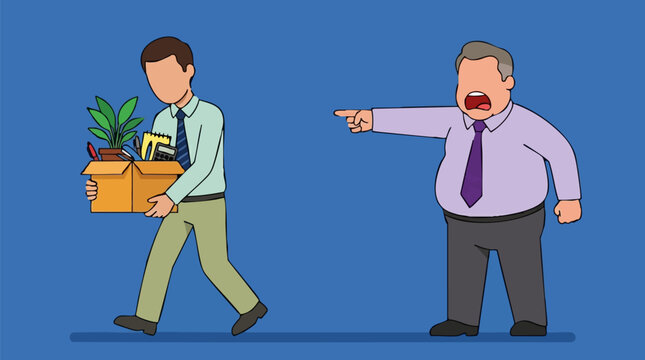 Boss firing employee, pointing finger, job termination concept