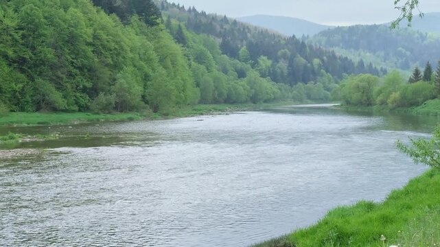 Spring picturesque mountain river band view. (Stryi river near Skhidnytsya village, Carpathians, Ukraine.)
