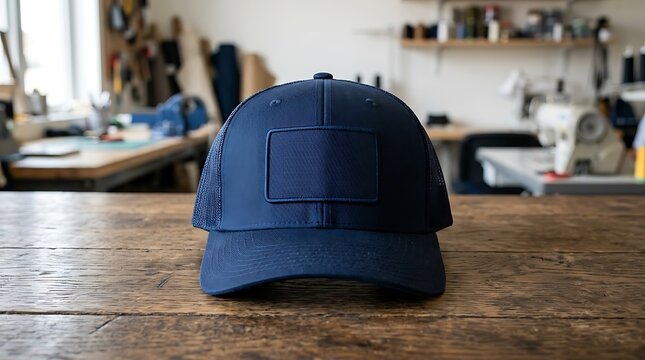 Blank Navy Blue Trucker Hat Mockup on Wooden Workshop Table