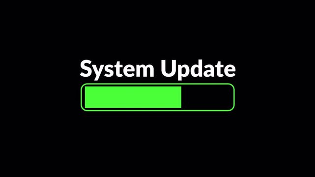 System update notification with a green progress bar on a transparent background, indicating ongoing software installation or update with Alpha Channel in 4K