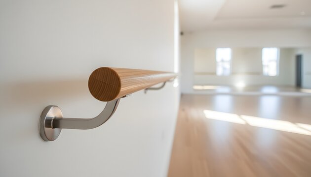 Close-up of a wooden dance studio barre rail mounted on a white wall in a bright empty room for ballet training and fitness concept