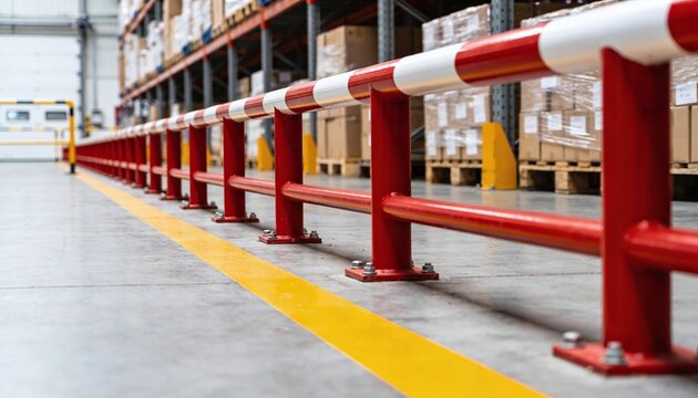 Industrial warehouse interior with a prominent red and white safety barrier running along a yellow floor line, providing clear demarcation and worker protection amidst organized storage racks and stac