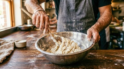 Fototapeta premium Baker mixing dough in a rustic kitchen.