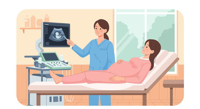 Doctor showing pregnant woman ultrasound image of baby on screen