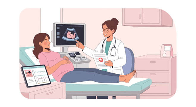 Doctor showing ultrasound of baby to pregnant woman in clinic