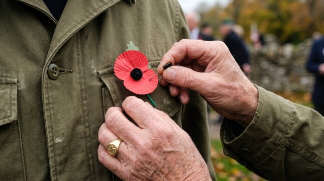 Remembrance day poppy pinning veteran honoring tradition on canada day
