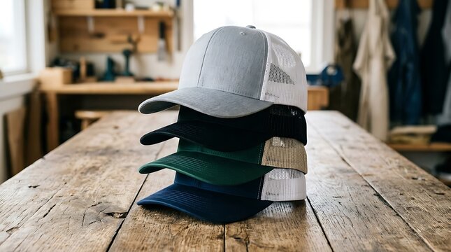 Stack of Blank Trucker Hats on Rustic Wooden Workbench
