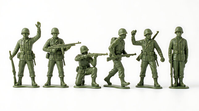 Toy soldiers lined up in a row showcasing military poses with rifles