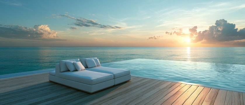 Luxury infinity pool with ocean sunset view and outdoor lounge at tropical resort