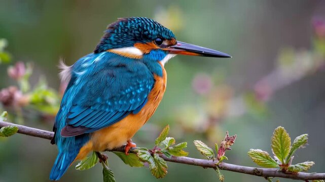 Bird sits on branch with blue and orange feathers in a natural setting during daylight hours