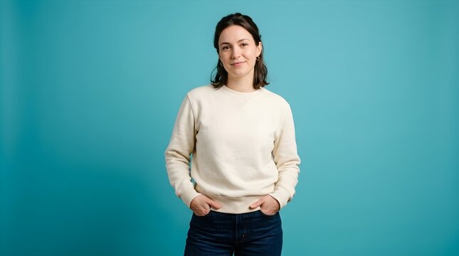 Portrait of a young woman wearing a beige sweatshirt standing against a solid turquoise background