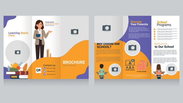 Back to School Education Trifold Brochure Template with Teacher and Learning Elements Vector. Professional back to school trifold brochure template designed in a modern flat style