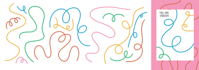 Set of abstract playful wavy line. Banner with organic curvy curly stripe shape in retro flat style. Wave line art for banner, flier © Nastya