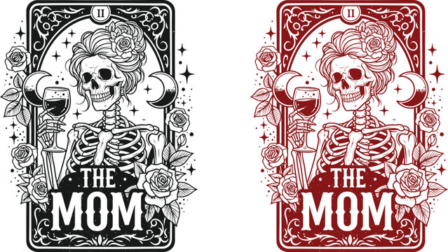 Funny skeleton halloween tarot card design 'the mom' vintage skeleton with wine glass illustration for festive apparel