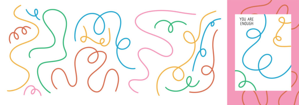 Set of abstract playful wavy line. Banner with organic curvy curly stripe shape in retro flat style. Wave line art for banner, flier