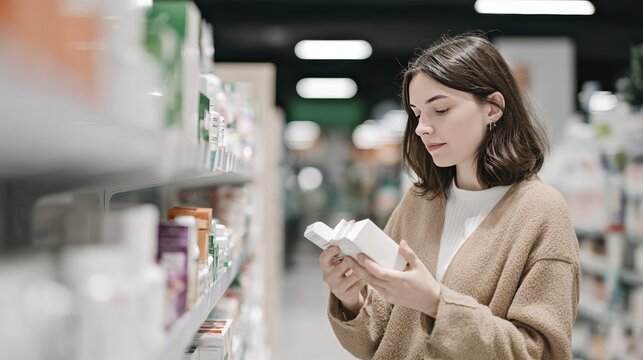 Woman reading product label in modern supermarket aisle