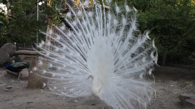 A close-up of a white peacock fluffing its tail