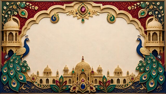 3D Paper Cutout Symmetric Royal Peacocks with Ancient Palace and Gemstone Ornaments for Luxury Wedding Invitation Banner, Elegant Festive Greeting Layout, and Maroon Background