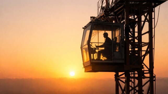 Construction crane operator silhouetted in cabin against sunset, overseeing industrial building site with clear sky and distant landscape visible in the background